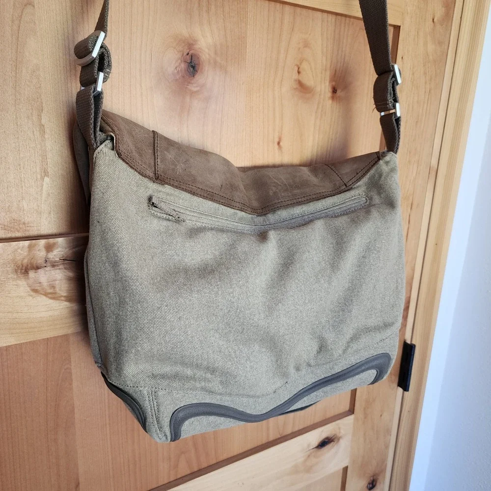 Keen Large Green Brown Leather Canvas Messenger Bag Laptop Book Bag Utility